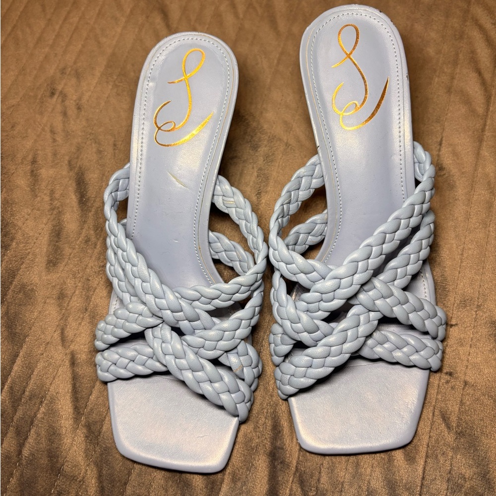 Sam Edelman Marjorie braided leather heel sandals in a square-toe in baby blue